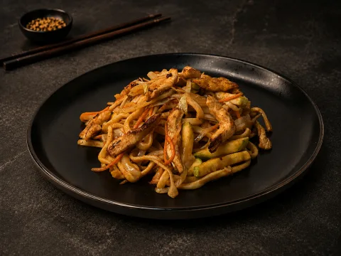Удон с курицей и овощами в соусе кимчи