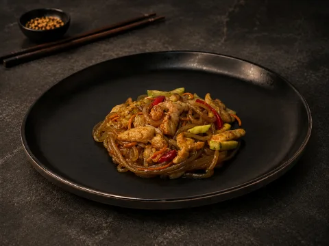 Стеклянная лапша с курицей и овощами в соусе терияки