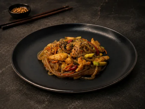 Стеклянная лапша с курицей и овощами в устричном соусе