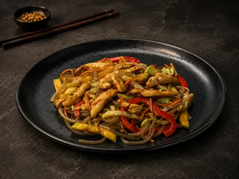 Стеклянная лапша со свининой и овощами в соусе кимчи