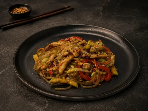 Стеклянная лапша с говядиной и овощами в соусе терияки