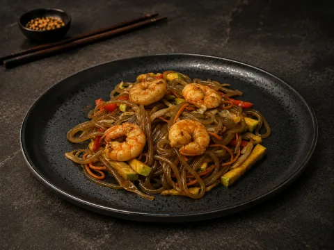 Стеклянная лапша с креветками и овощами в устричном соусе