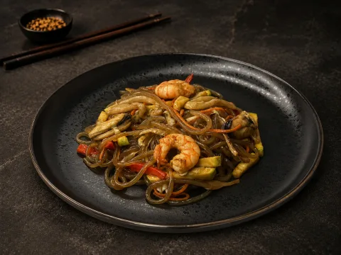 Стеклянная лапша с морепродуктами и овощами в устричном соусе