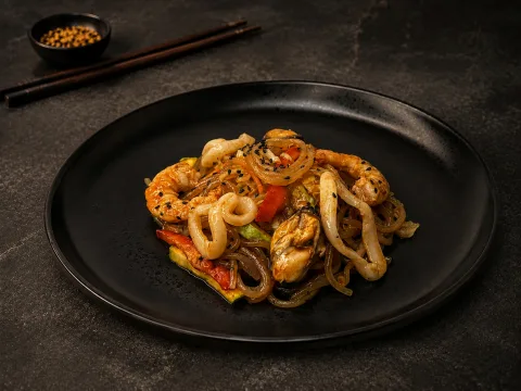 Стеклянная лапша с морепродуктами и овощами в соусе кимчи